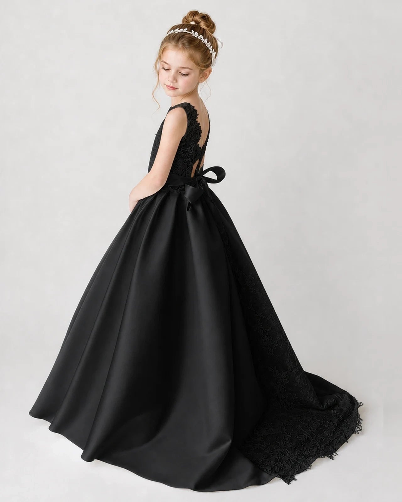 Satin Black Lace A-line Flower Girl Dress Back View