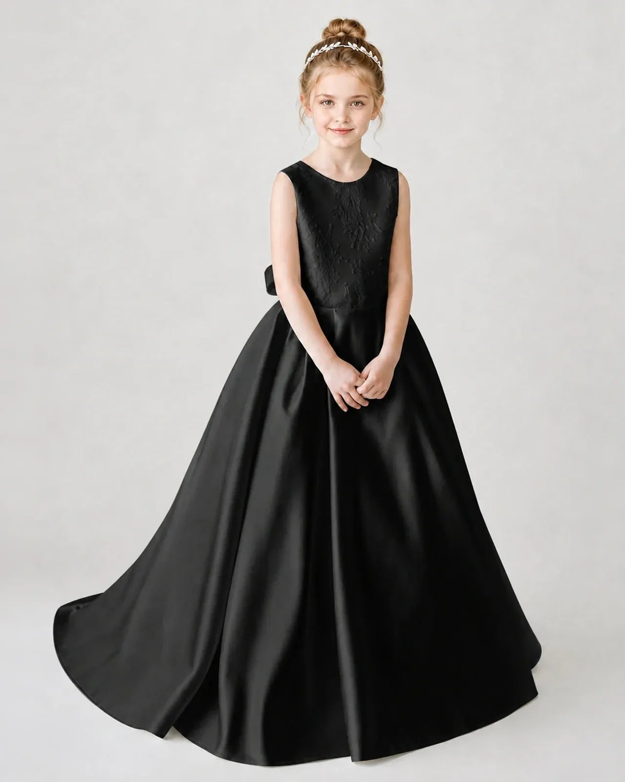 Satin Black Lace A-line Flower Girl Dress Front View