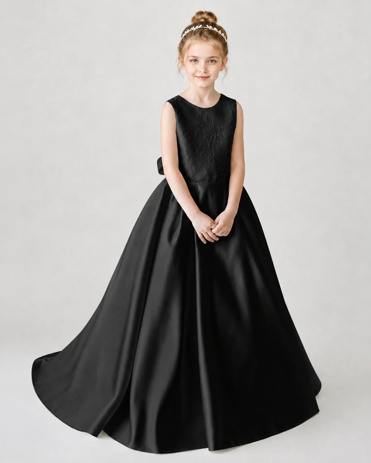 Satin Black Lace A-line Flower Girl Dress Front View