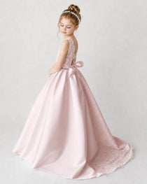 Satin Blushpink Lace A-line Flower Girl Dress Back View