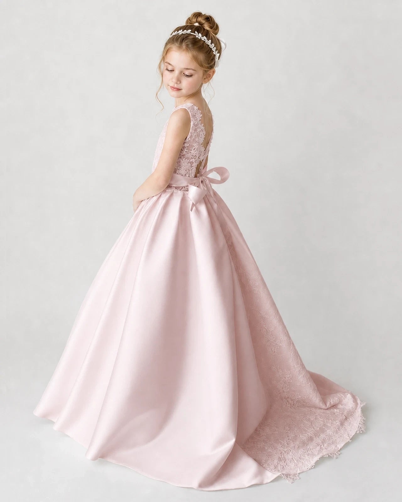 Satin Blushpink Lace A-line Flower Girl Dress Back View