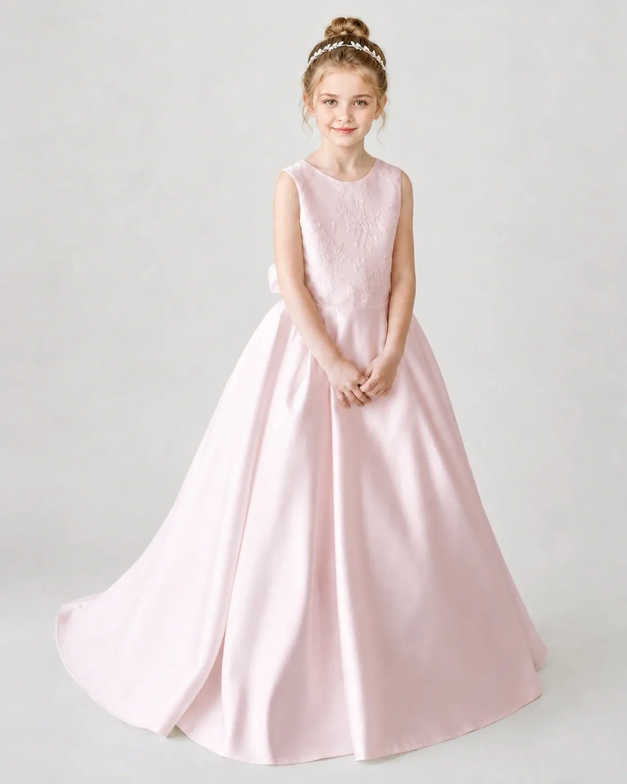 Satin Blushpink Lace A-line Flower Girl Dress Front View