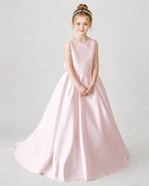 Satin Blushpink Lace A-line Flower Girl Dress Front View