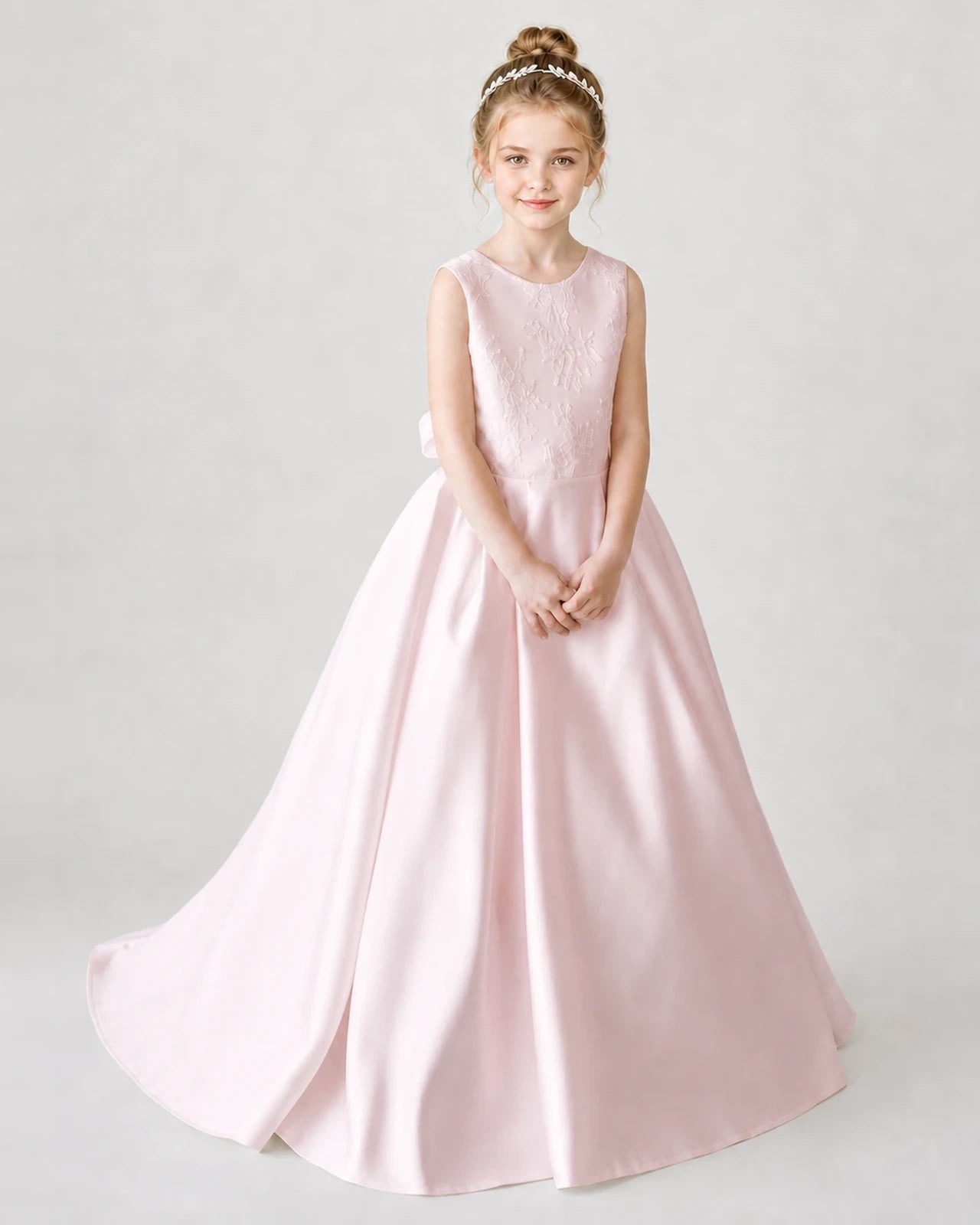 Satin Blushpink Lace A-line Flower Girl Dress Front View