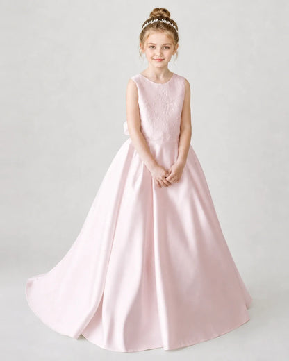Satin Blushpink Lace A-line Flower Girl Dress Front View
