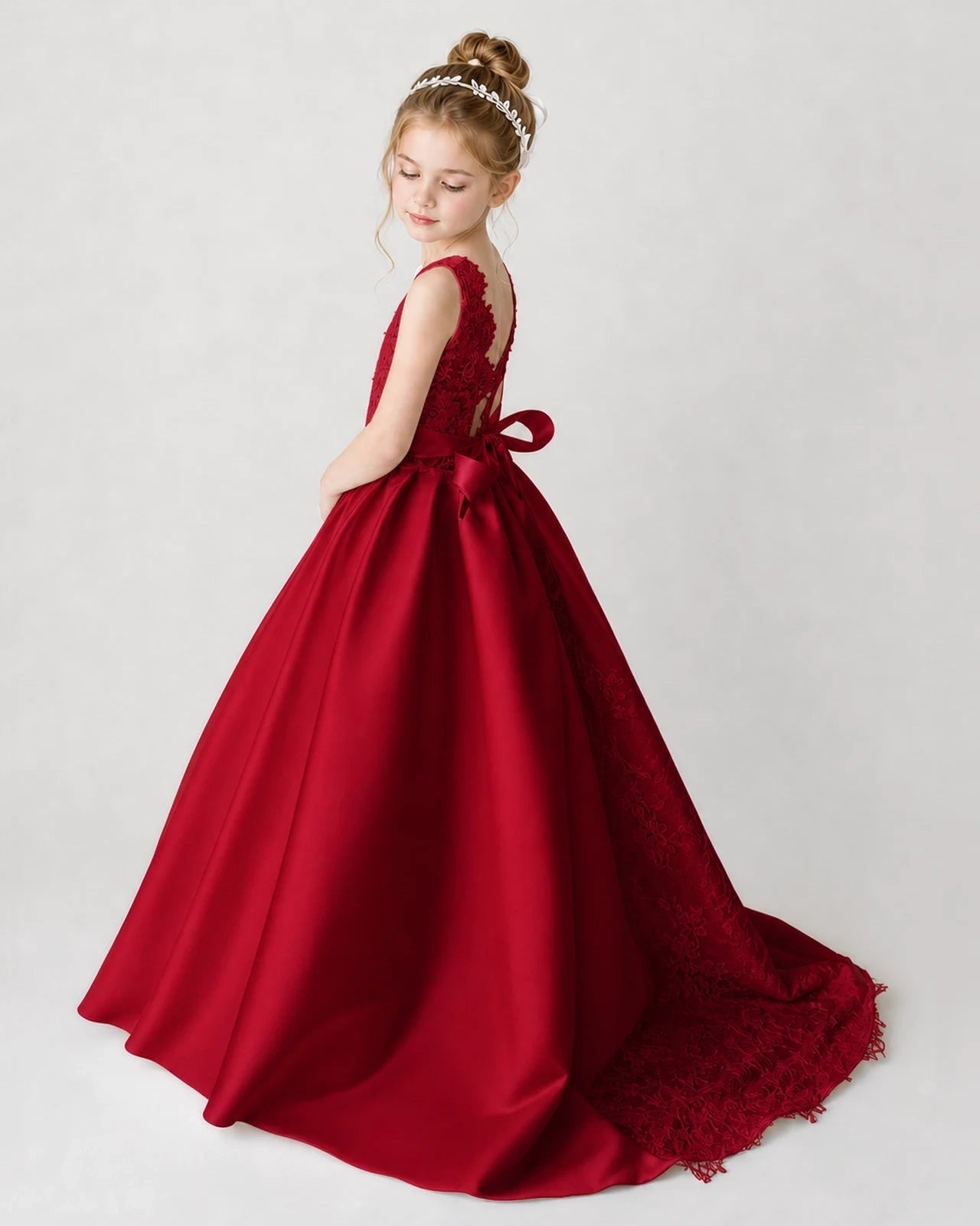 Satin Burgundy Lace A-line Flower Girl Dress Back View