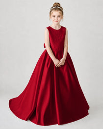 Satin Burgundy Lace A-line Flower Girl Dress Front View
