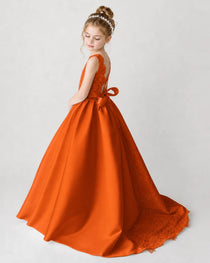 Satin Burntorange Lace A-line Flower Girl Dress Back View