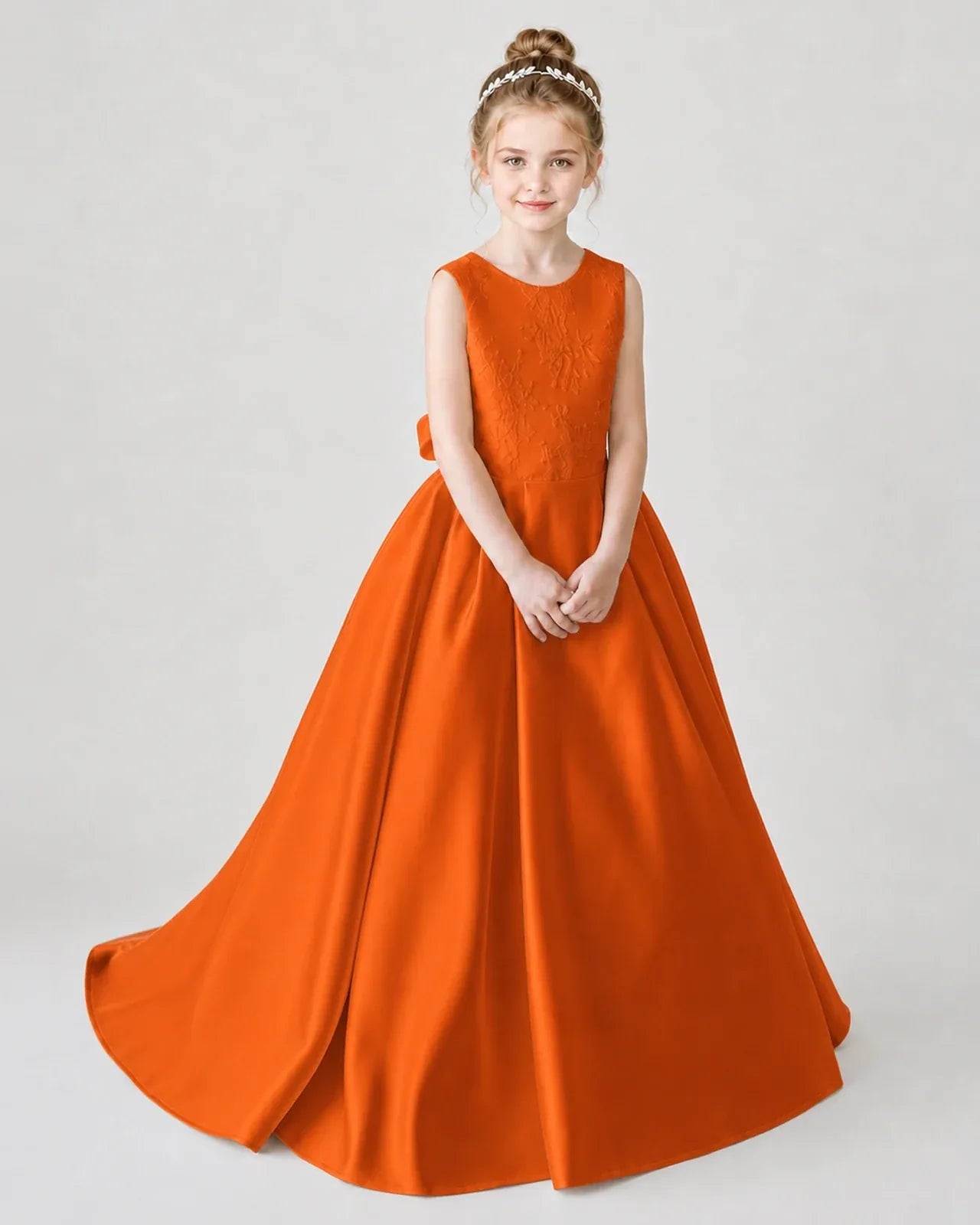 Satin Burntorange Lace A-line Flower Girl Dress Front View