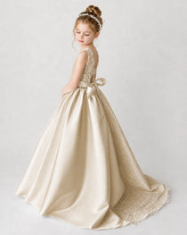 Satin Champagne Lace A-line Flower Girl Dress Back View