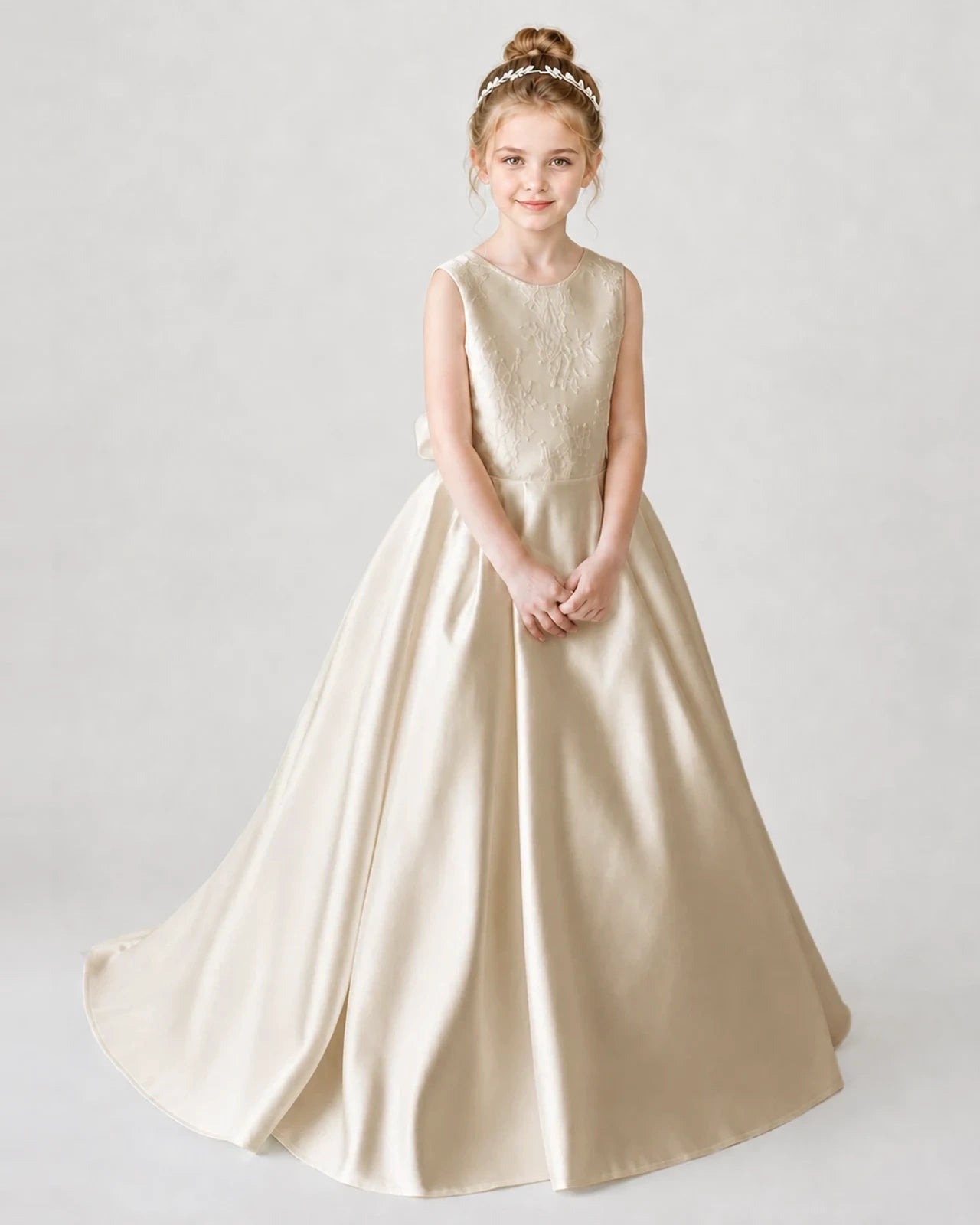 Satin Champagne Lace A-line Flower Girl Dress Front View