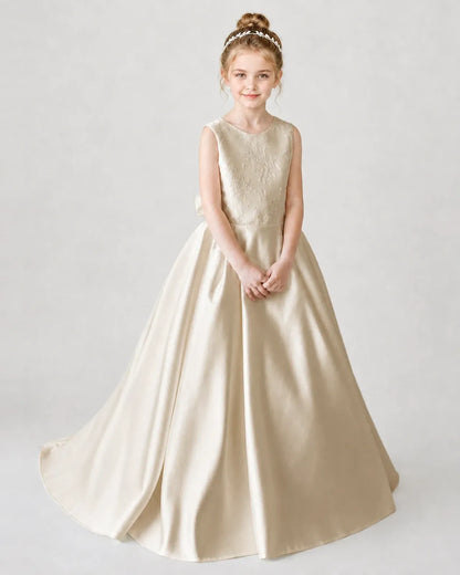 Satin Champagne Lace A-line Flower Girl Dress Front View