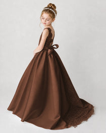 Satin Chocolate Lace A-line Flower Girl Dress Back View