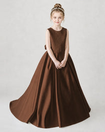 Satin Chocolate Lace A-line Flower Girl Dress Front View
