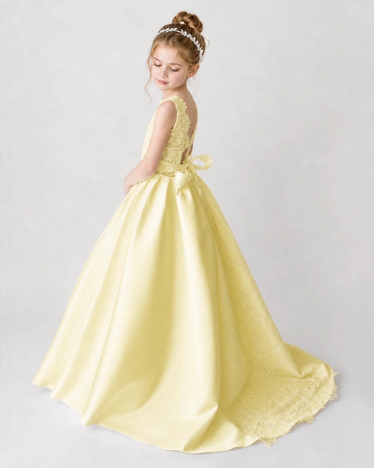 Satin Daffodil Lace A-line Flower Girl Dress Back View