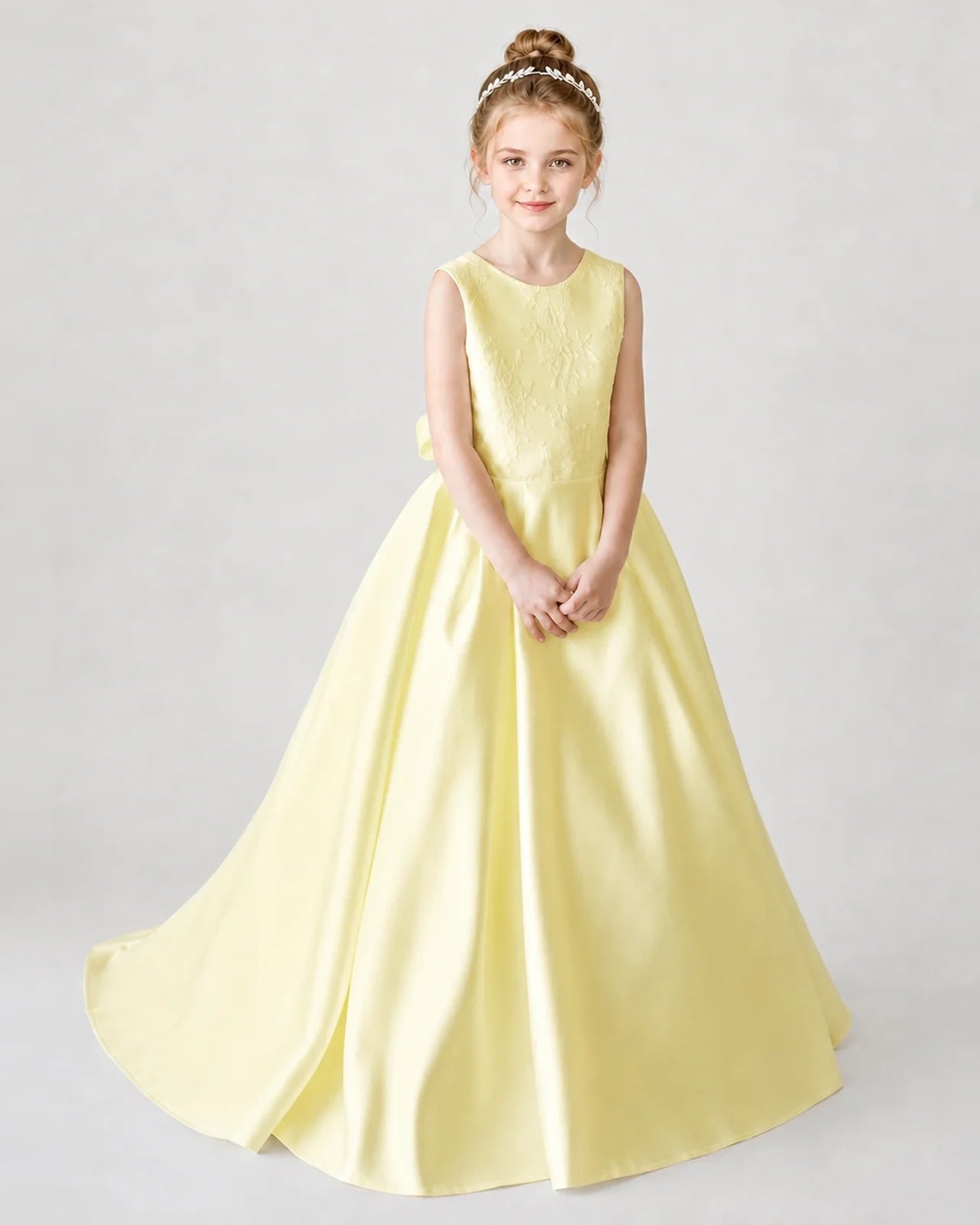 Satin Daffodil Lace A-line Flower Girl Dress Front View