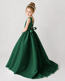 Satin Darkgreen Lace A-line Flower Girl Dress Back View