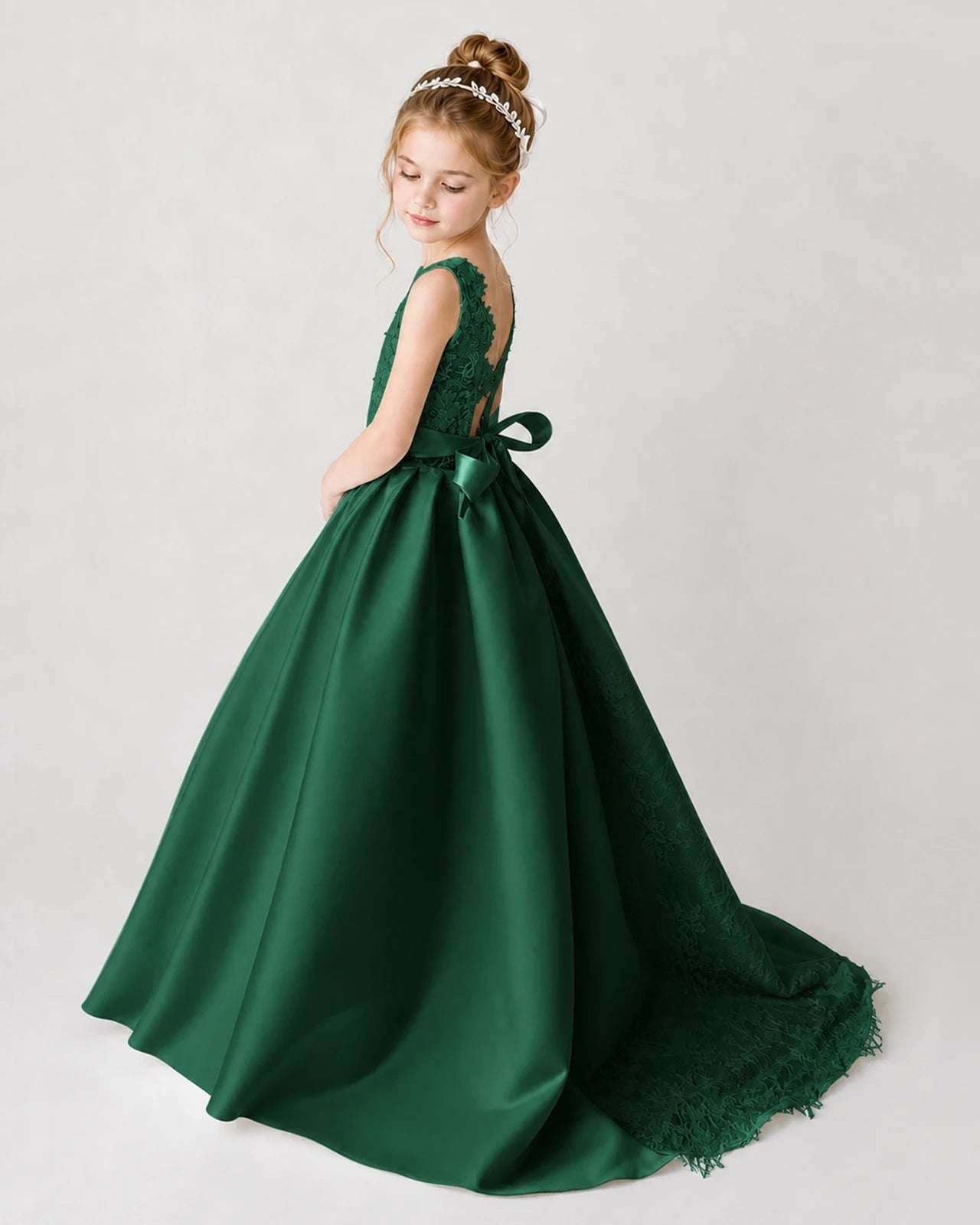 Satin Darkgreen Lace A-line Flower Girl Dress Back View
