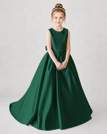 Satin Darkgreen Lace A-line Flower Girl Dress Front View