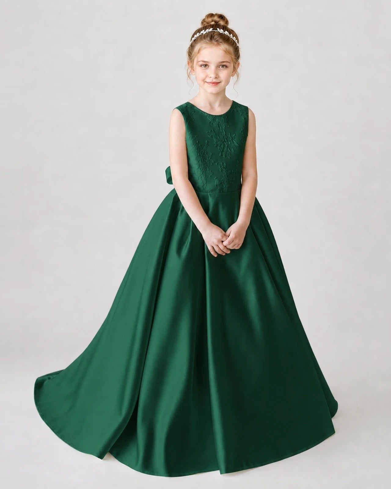 Satin Darkgreen Lace A-line Flower Girl Dress Front View