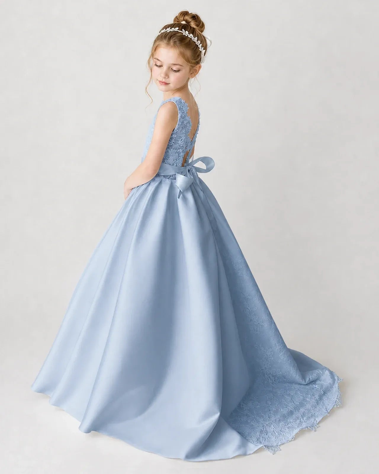 Satin Dustyblue Lace A-line Flower Girl Dress Back View