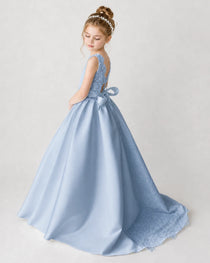 Satin Dustyblue Lace A-line Flower Girl Dress Back View