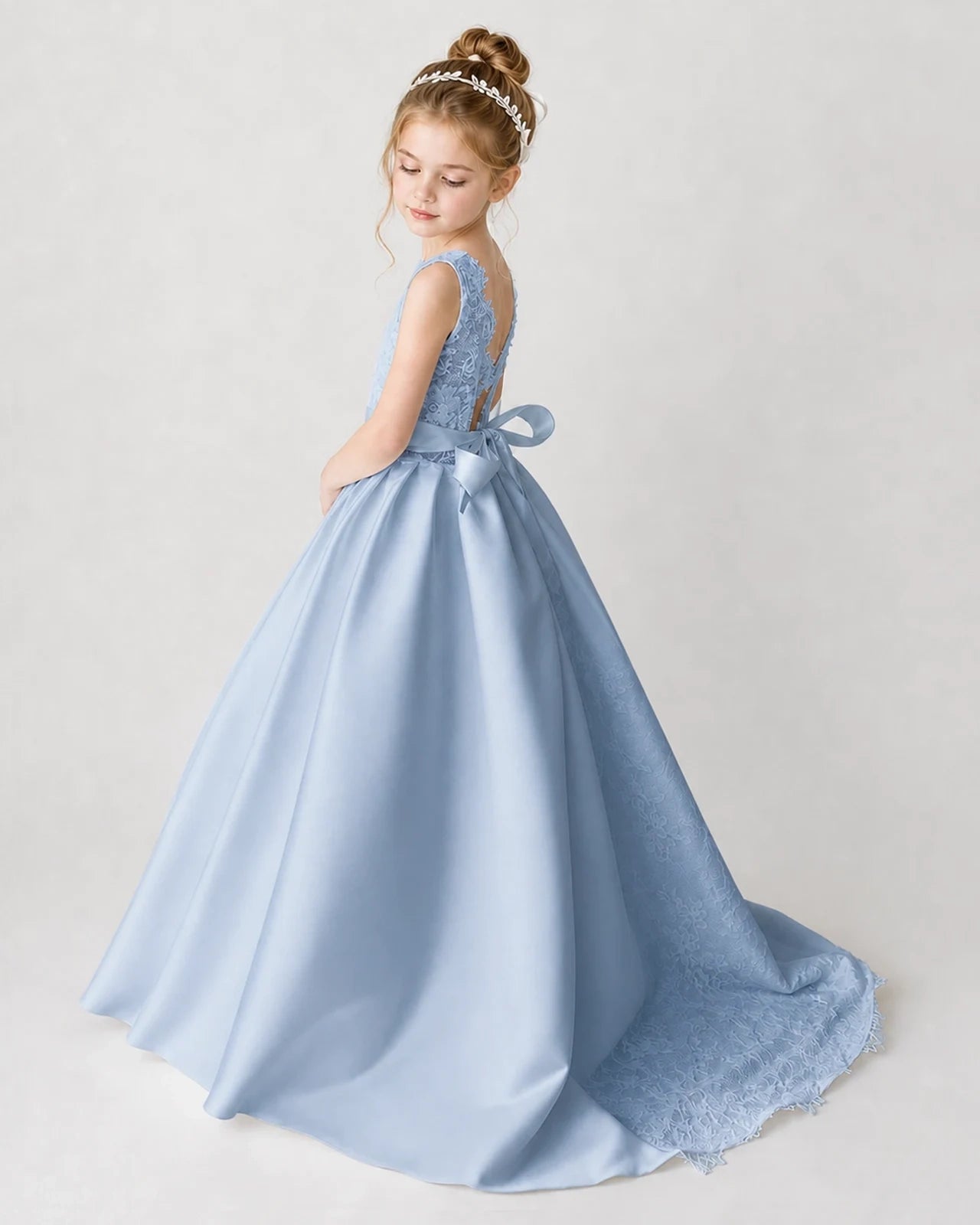 Satin Dustyblue Lace A-line Flower Girl Dress Back View