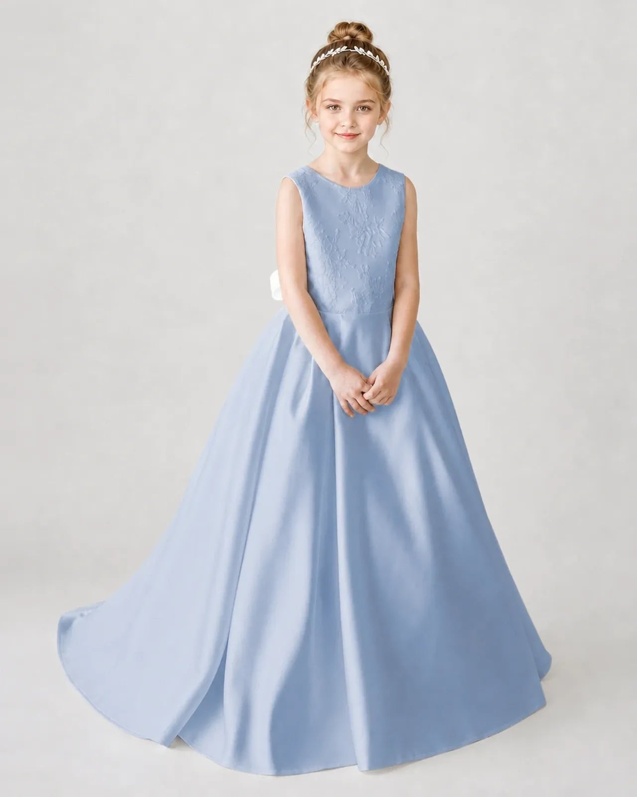 Satin Dustyblue Lace A-line Flower Girl Dress Front View