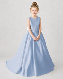 Satin Dustyblue Lace A-line Flower Girl Dress Front View