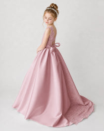 Satin Dustyrose Lace A-line Flower Girl Dress Back View
