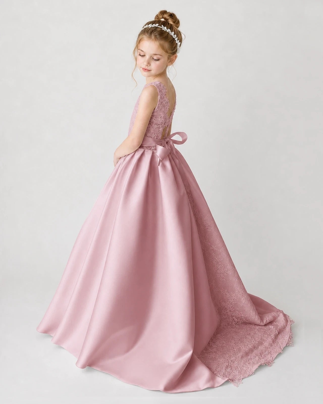 Satin Dustyrose Lace A-line Flower Girl Dress Back View