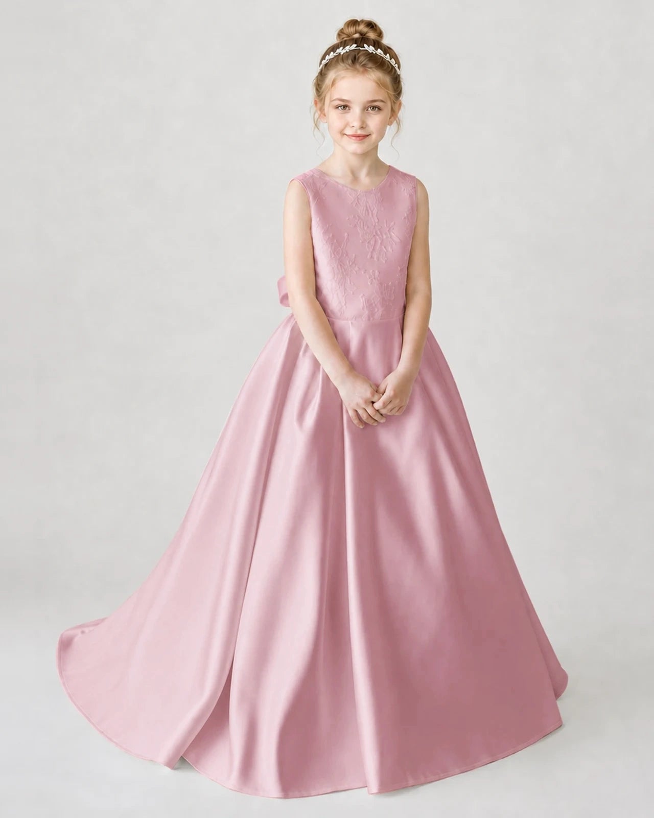 Satin Dustyrose Lace A-line Flower Girl Dress Front View