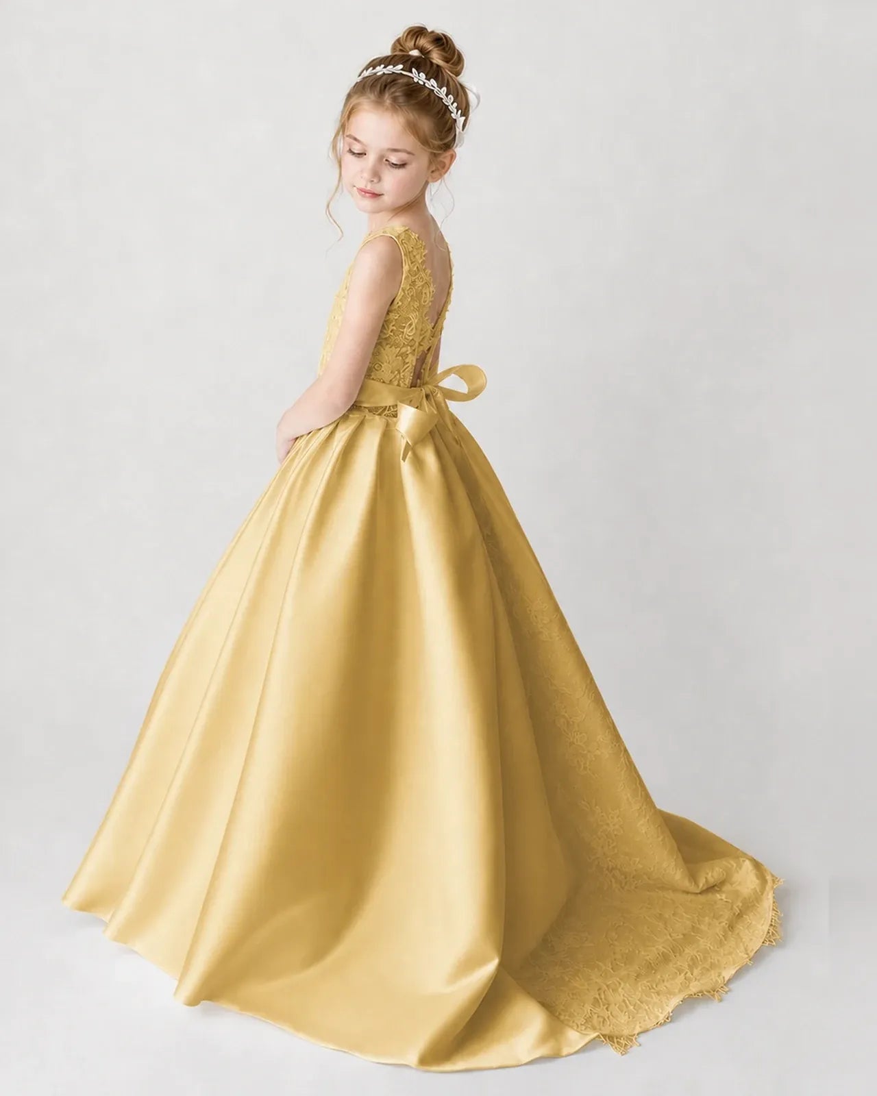 Satin Gold Lace A-line Flower Girl Dress Back View