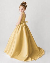 Satin Gold Lace A-line Flower Girl Dress Back View