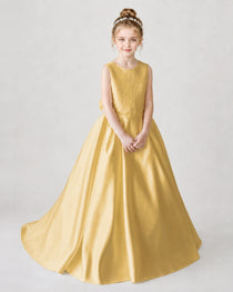Satin Gold Lace A-line Flower Girl Dress Front View