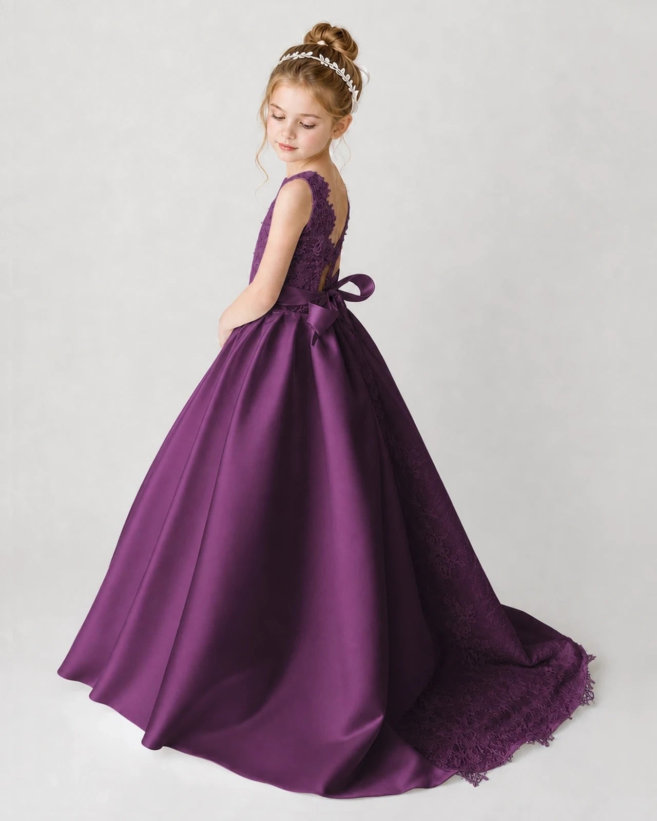 Satin Grape Lace A-line Flower Girl Dress Back View