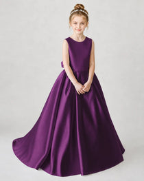 Satin Grape Lace A-line Flower Girl Dress Front View