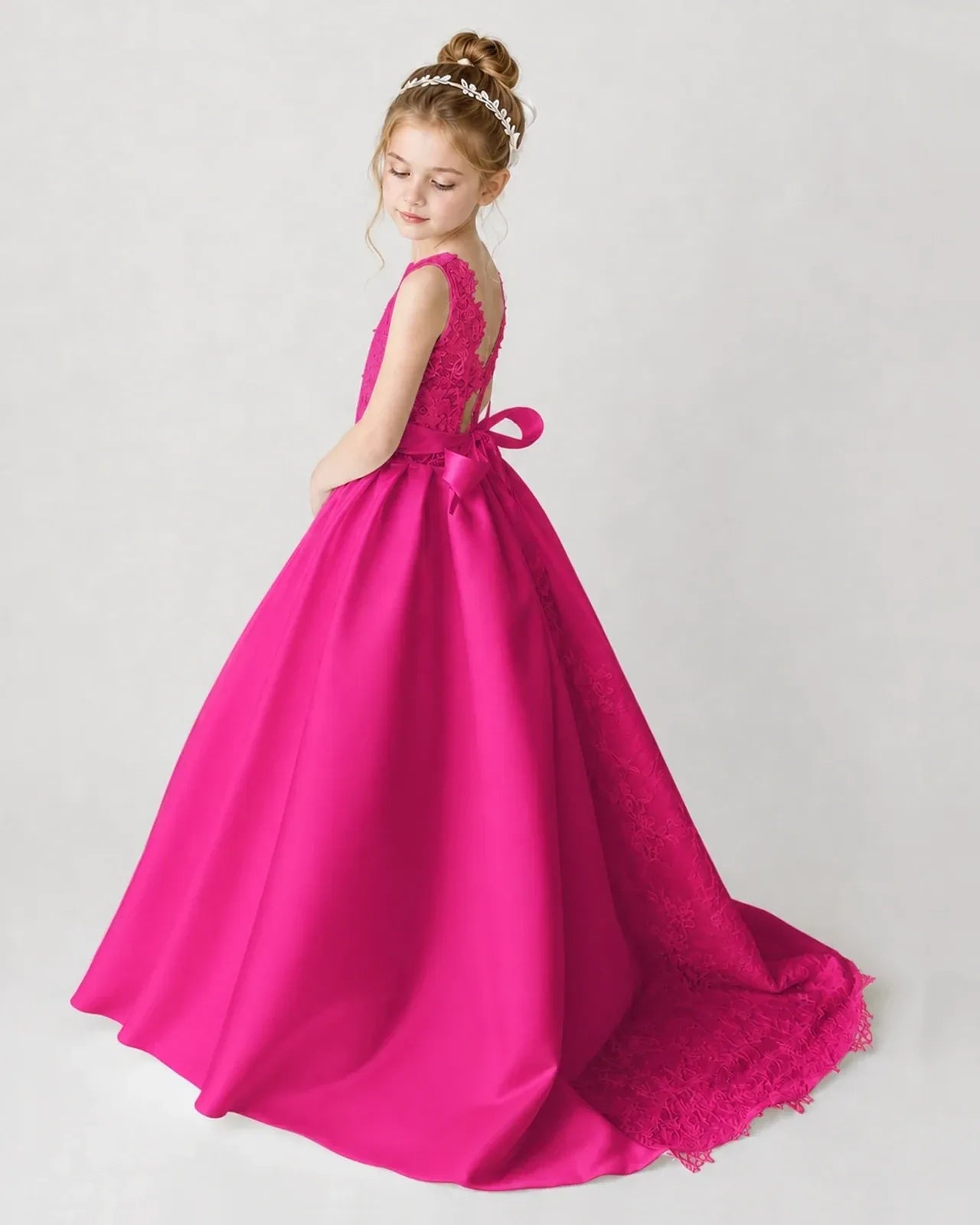 Satin Hotpink Lace A-line Flower Girl Dress Back View