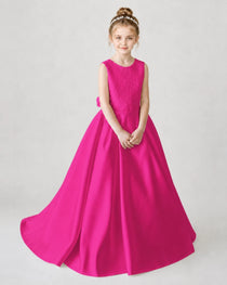 Satin Hotpink Lace A-line Flower Girl Dress Front View
