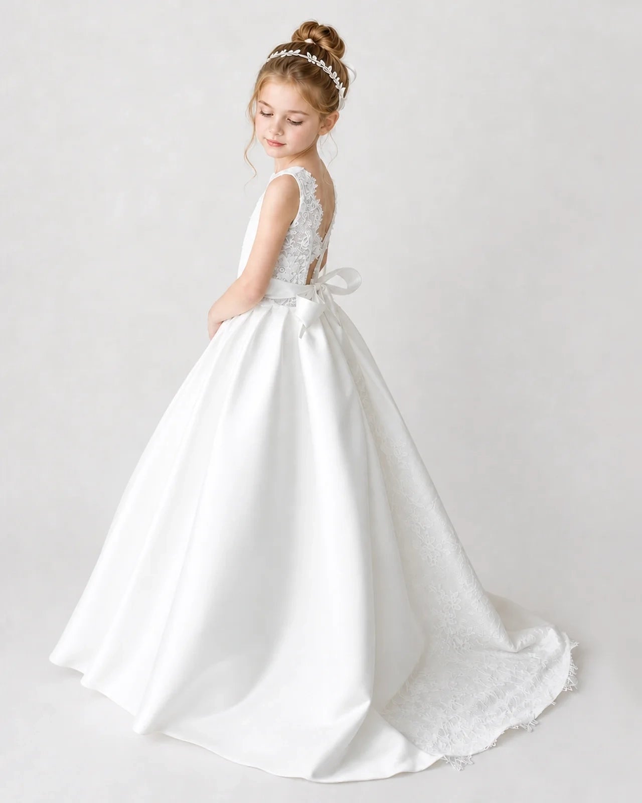 Satin Ivory Lace A-line Flower Girl Dress Back View Main image