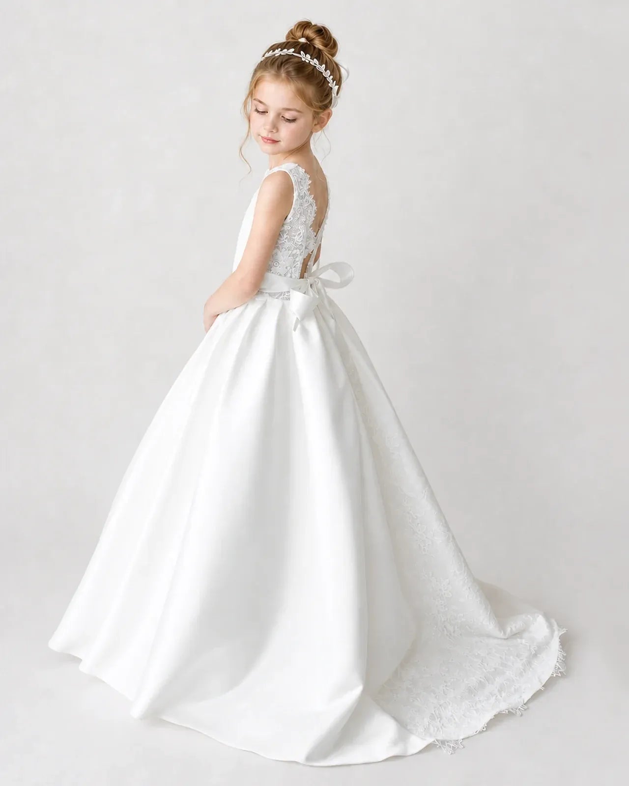 Satin Ivory Lace A-line Flower Girl Dress Back View