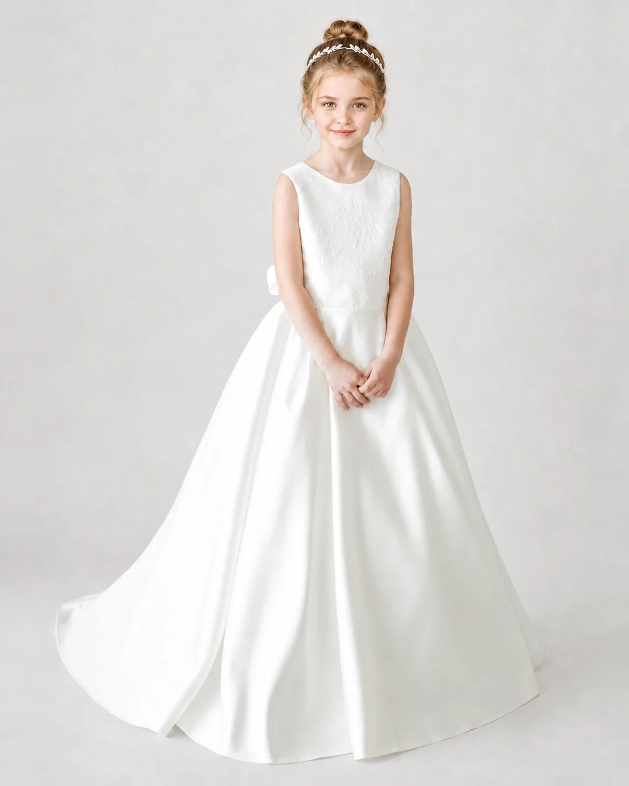 Dideyttawl Satin Flower Girl Dress with Lace Appliques & Cathedral Train Secondary image