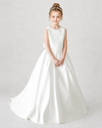 Satin Ivory Lace A-line Flower Girl Dress Front View