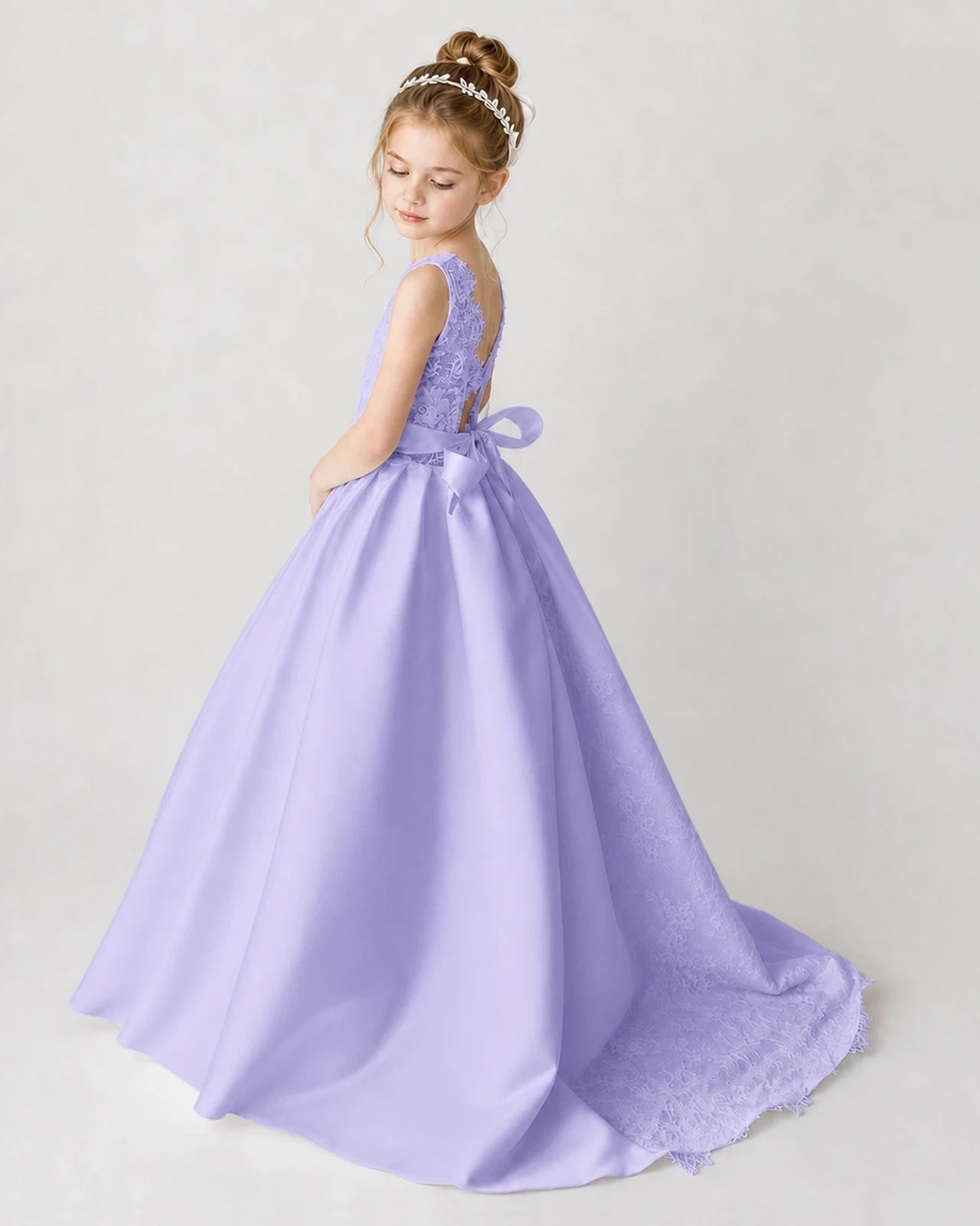 Satin Lavender Lace A-line Flower Girl Dress Back View