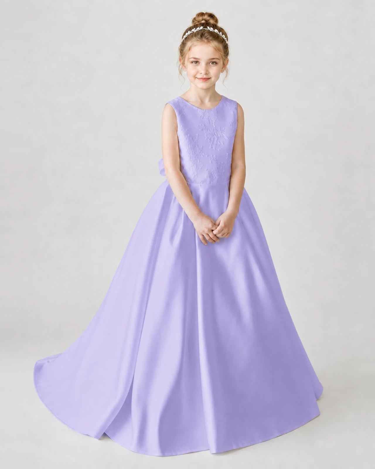 Satin Lavender Lace A-line Flower Girl Dress Front View