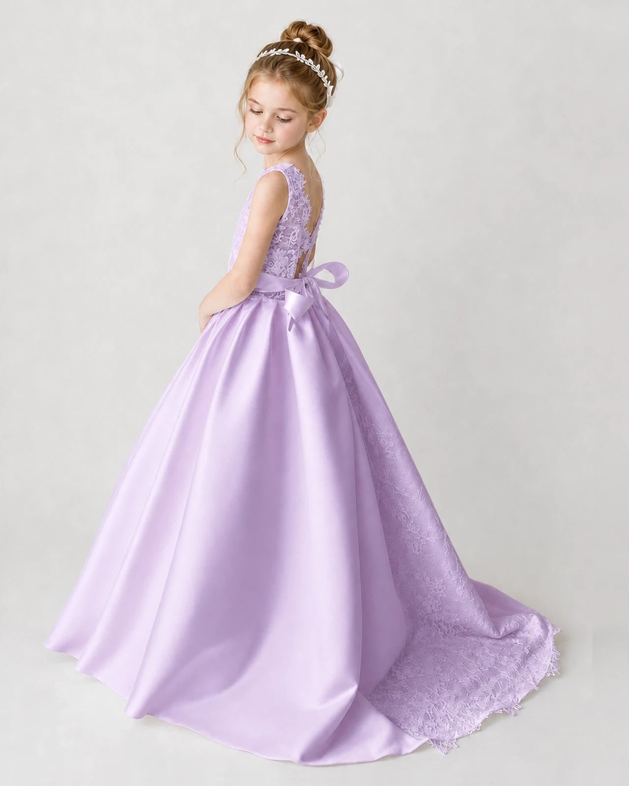 Satin Lilac Lace A-line Flower Girl Dress Back View