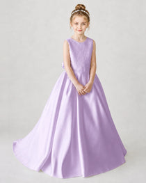 Satin Lilac Lace A-line Flower Girl Dress Front View