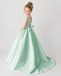 Satin Mintgreen Lace A-line Flower Girl Dress Back View