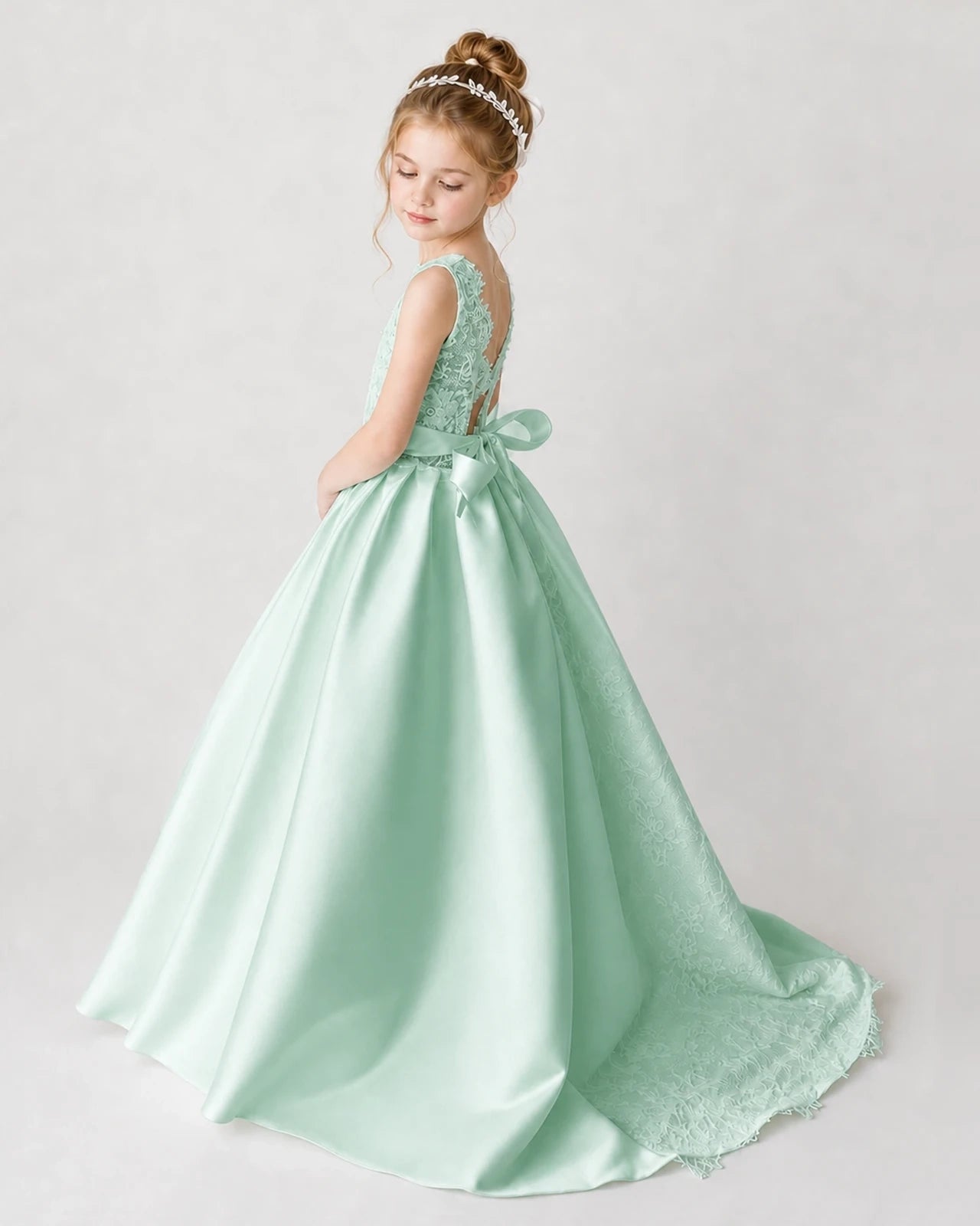 Satin Mintgreen Lace A-line Flower Girl Dress Back View