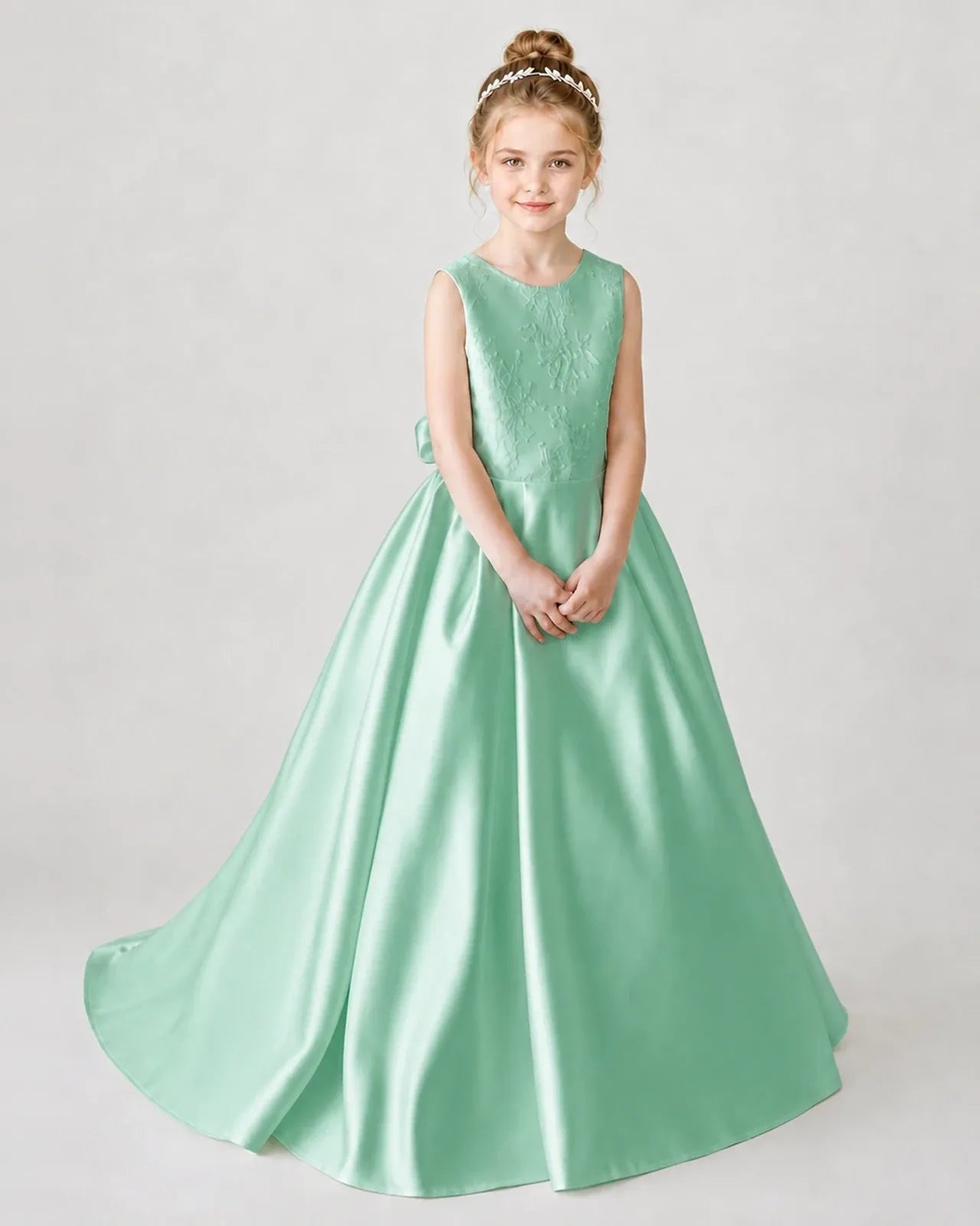 Satin Mintgreen Lace A-line Flower Girl Dress Front View